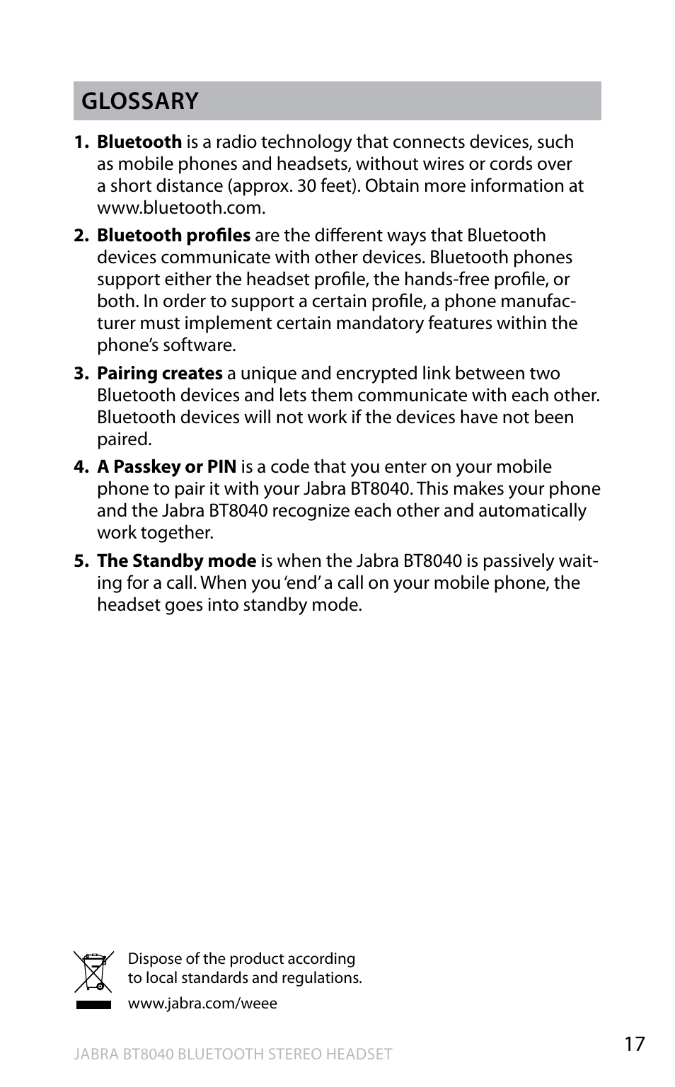 En g li sh, Glossary | Jabra BT8040 User Manual | Page 19 / 19