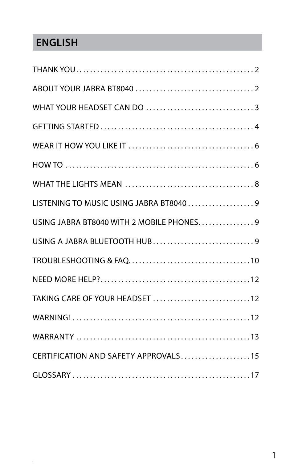 En g li sh, English | Jabra BT8040 User Manual | Page 3 / 19