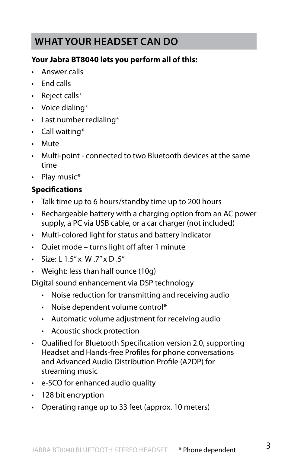 En g li sh, What your headset can do | Jabra BT8040 User Manual | Page 5 / 19