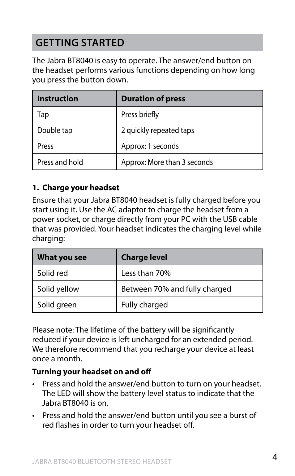 En g li sh, Getting started | Jabra BT8040 User Manual | Page 6 / 19