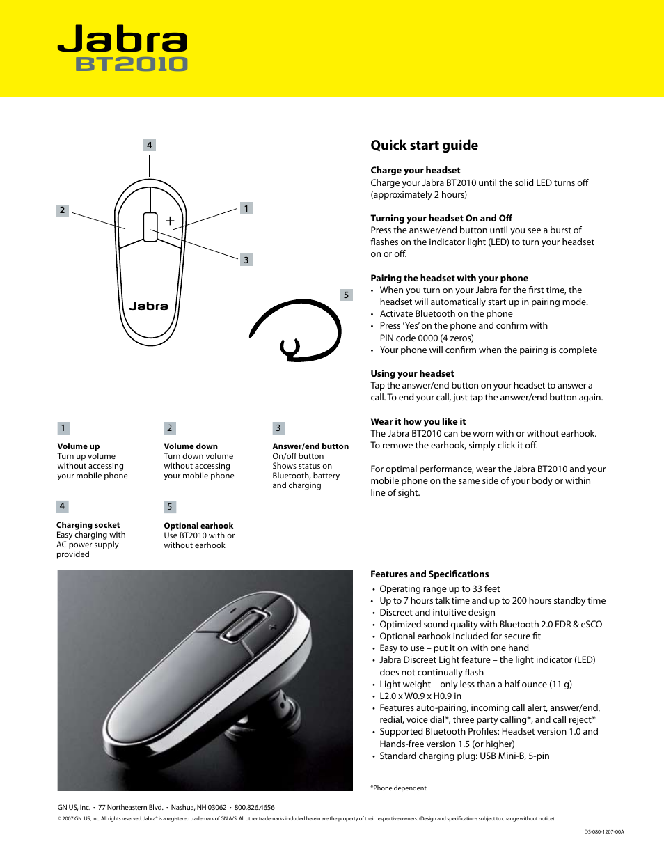 Jabra, Bt2010, Quick start guide | Jabra BT2010 User Manual | Page 2 / 2