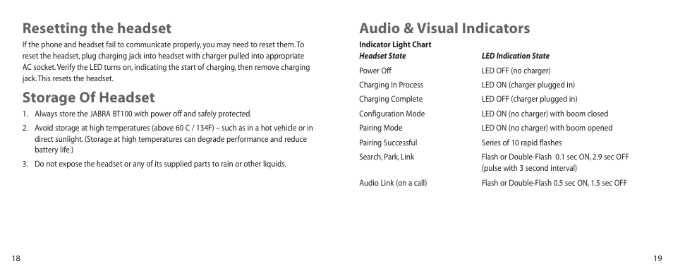 Audio & visual indicators, Resetting the headset, Storage of headset | Jabra BT100 User Manual | Page 10 / 101