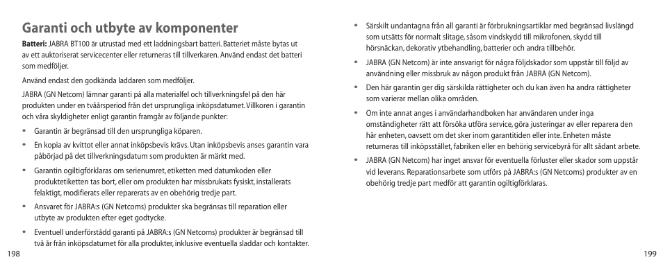 Garanti och utbyte av komponenter | Jabra BT100 User Manual | Page 100 / 101