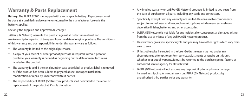 Warranty & parts replacement | Jabra BT100 User Manual | Page 12 / 101