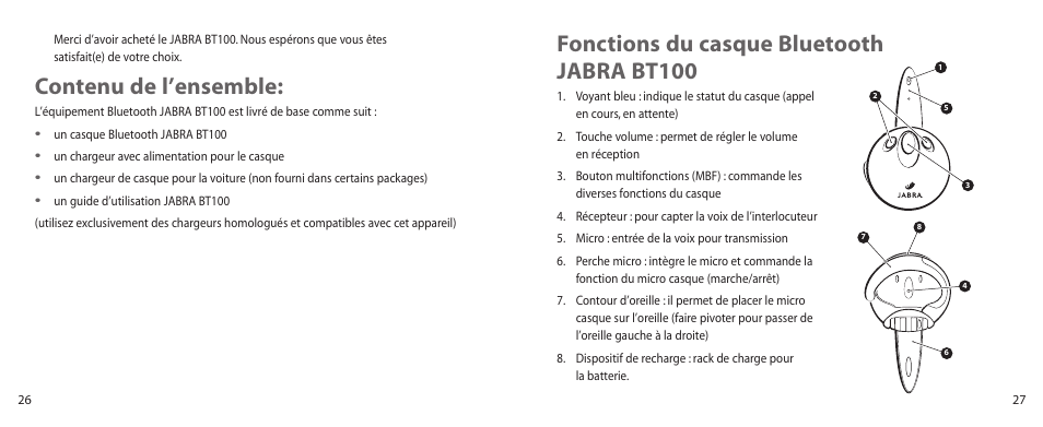 Fonctions du casque bluetooth jabra bt100, Contenu de l’ensemble | Jabra BT100 User Manual | Page 14 / 101
