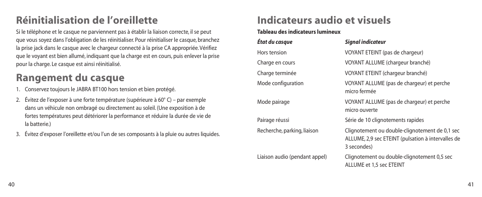 Indicateurs audio et visuels, Réinitialisation de l’oreillette, Rangement du casque | Jabra BT100 User Manual | Page 21 / 101