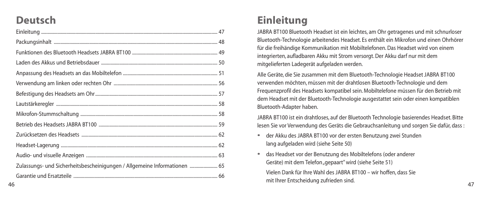 Einleitung, Deutsch | Jabra BT100 User Manual | Page 24 / 101