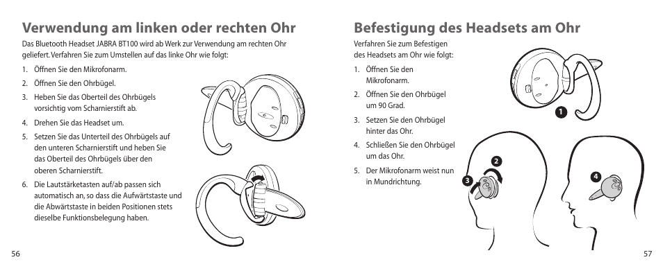 Verwendung am linken oder rechten ohr, Befestigung des headsets am ohr | Jabra BT100 User Manual | Page 29 / 101