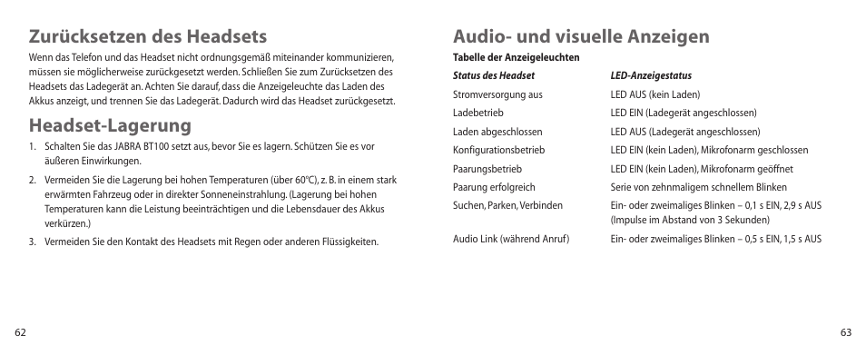 Audio- und visuelle anzeigen, Zurücksetzen des headsets, Headset-lagerung | Jabra BT100 User Manual | Page 32 / 101
