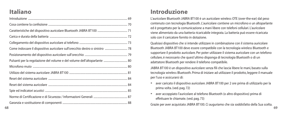 Introduzione, Italiano | Jabra BT100 User Manual | Page 35 / 101