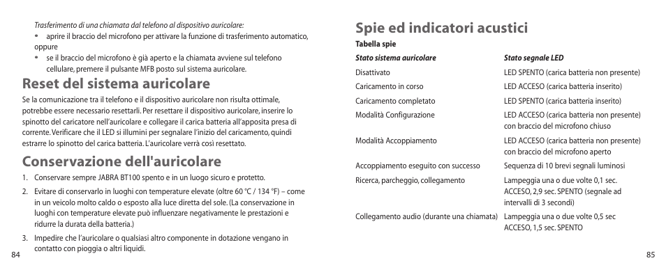 Spie ed indicatori acustici, Reset del sistema auricolare, Conservazione dell'auricolare | Jabra BT100 User Manual | Page 43 / 101
