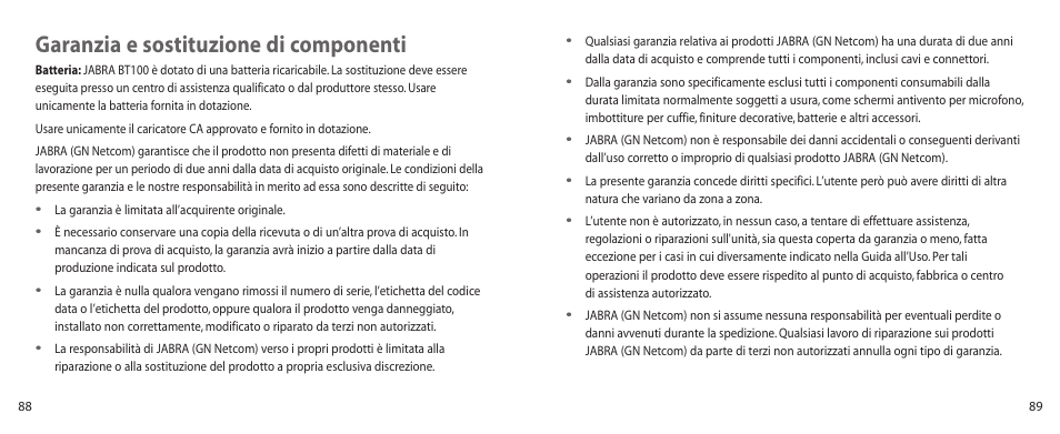 Garanzia e sostituzione di componenti | Jabra BT100 User Manual | Page 45 / 101