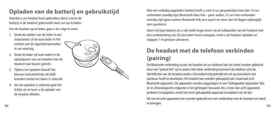 De headset met de telefoon verbinden (pairing), Opladen van de batterij en gebruikstijd | Jabra BT100 User Manual | Page 48 / 101