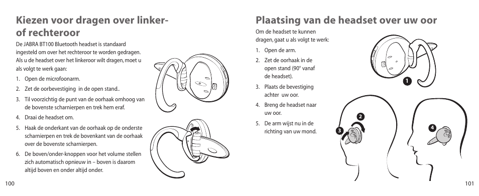 Kiezen voor dragen over linker- of rechteroor, Plaatsing van de headset over uw oor | Jabra BT100 User Manual | Page 51 / 101