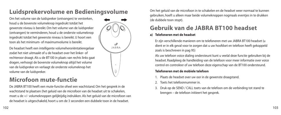 Gebruik van de jabra bt100 headset, Luidsprekervolume en bedieningsvolume, Microfoon mute-functie | Jabra BT100 User Manual | Page 52 / 101