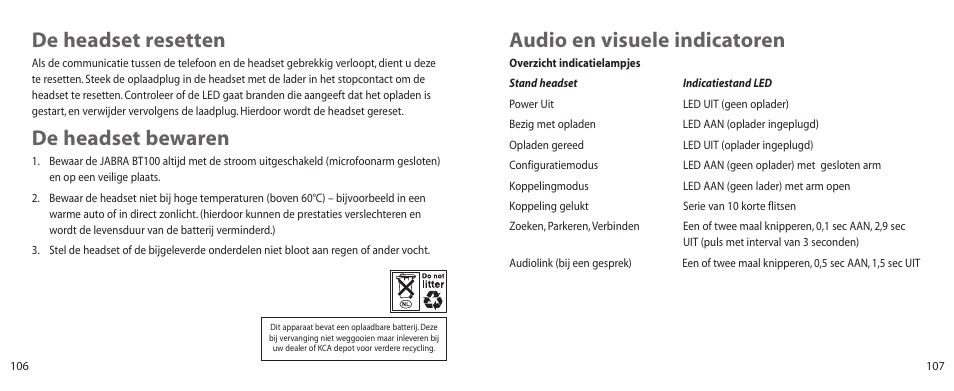 Audio en visuele indicatoren, De headset resetten, De headset bewaren | Jabra BT100 User Manual | Page 54 / 101