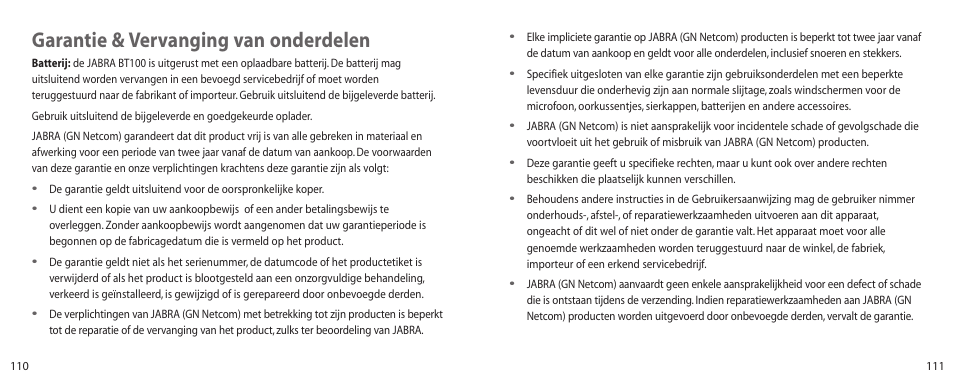 Garantie & vervanging van onderdelen | Jabra BT100 User Manual | Page 56 / 101