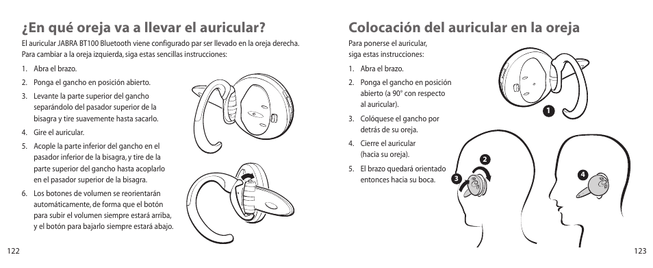 Colocación del auricular en la oreja, En qué oreja va a llevar el auricular | Jabra BT100 User Manual | Page 62 / 101