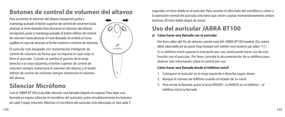 Uso del auricular jabra bt100, Botones de control de volumen del altavoz, Silenciar micrófono | Jabra BT100 User Manual | Page 63 / 101