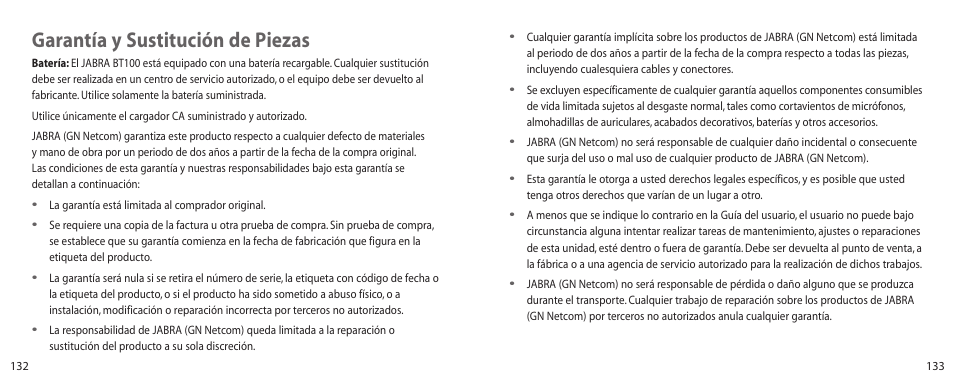 Garantía y sustitución de piezas | Jabra BT100 User Manual | Page 67 / 101