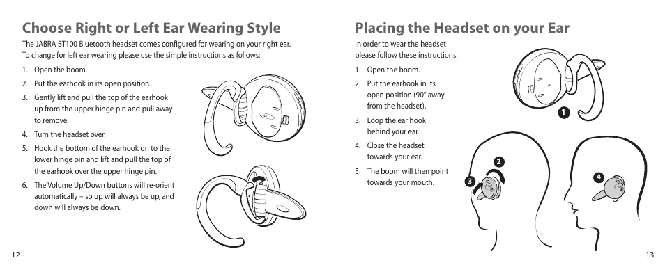 Placing the headset on your ear, Choose right or left ear wearing style | Jabra BT100 User Manual | Page 7 / 101