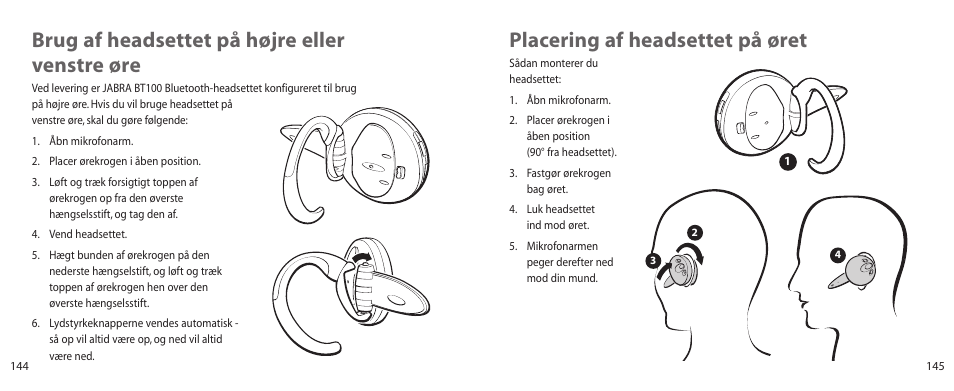 Placering af headsettet på øret, Brug af headsettet på højre eller venstre øre | Jabra BT100 User Manual | Page 73 / 101