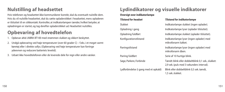 Lydindikatorer og visuelle indikatorer, Nulstilling af headsettet, Opbevaring af hovedtelefon | Jabra BT100 User Manual | Page 76 / 101