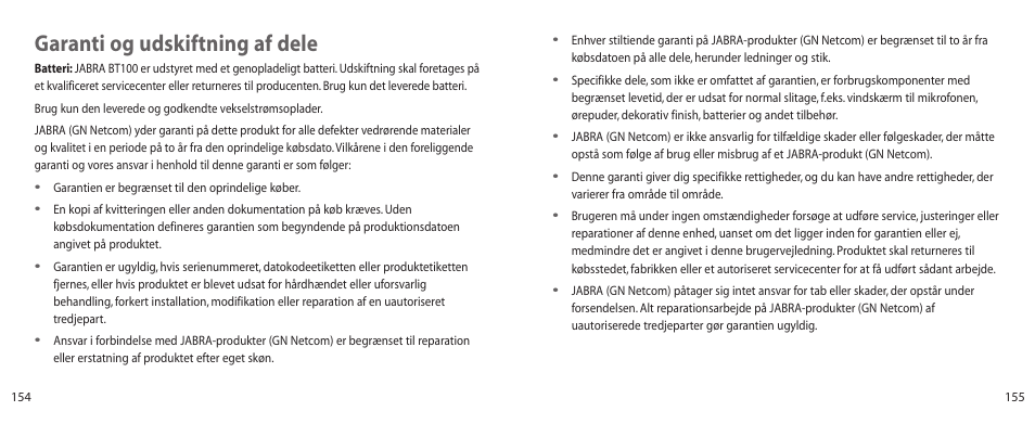 Garanti og udskiftning af dele | Jabra BT100 User Manual | Page 78 / 101