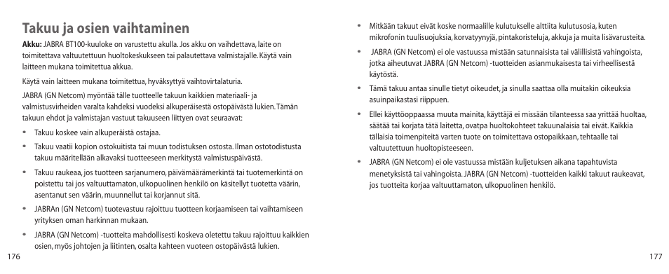 Takuu ja osien vaihtaminen | Jabra BT100 User Manual | Page 89 / 101