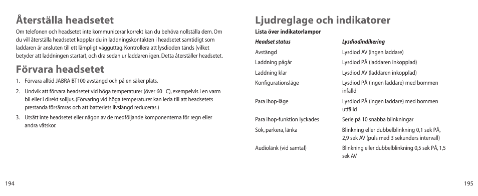 Ljudreglage och indikatorer, Återställa headsetet, Förvara headsetet | Jabra BT100 User Manual | Page 98 / 101