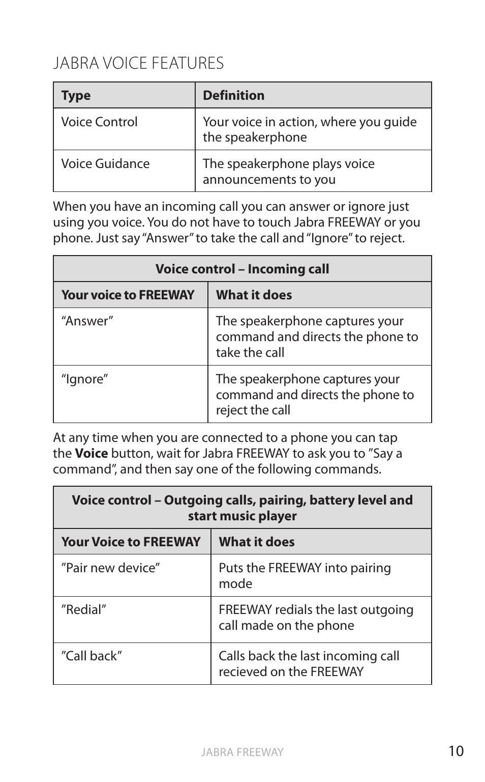 Jabra voice features, En g li sh | Jabra FREEWAY User Manual | Page 11 / 21