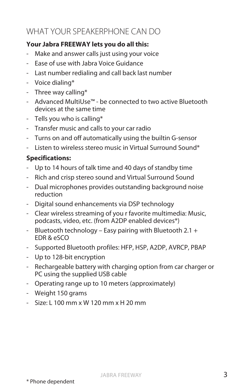 What your speakerphone can do, En g li sh | Jabra FREEWAY User Manual | Page 4 / 21