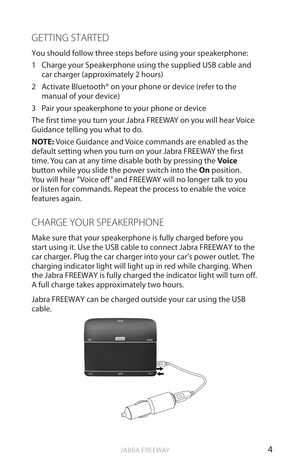 Getting started, Charge your speakerphone, En g li sh | Jabra FREEWAY User Manual | Page 5 / 21