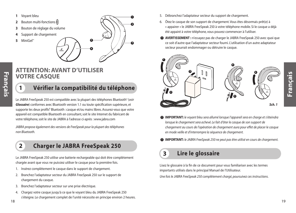 Français f rançais, Charger le jabra freespeak 250 2, Lire le glossaire 3 | Jabra FreeSpeak 250 User Manual | Page 10 / 26