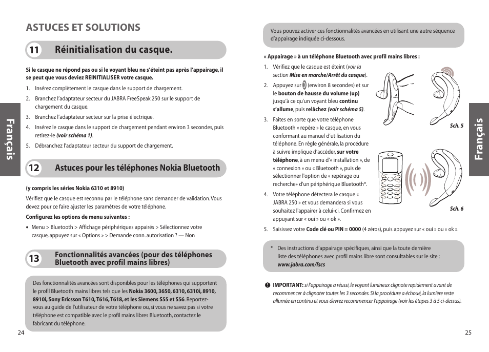 Français f rançais, Astuces pour les téléphones nokia bluetooth | Jabra FreeSpeak 250 User Manual | Page 13 / 26