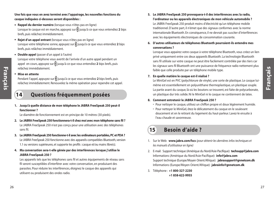Français f rançais, Questions fréquemment posées 14, Besoin d’aide ? 15 | Jabra FreeSpeak 250 User Manual | Page 14 / 26