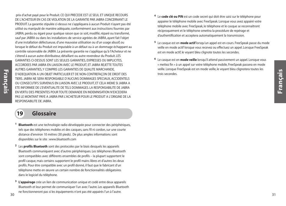 Français, Glossaire 19 | Jabra FreeSpeak 250 User Manual | Page 16 / 26