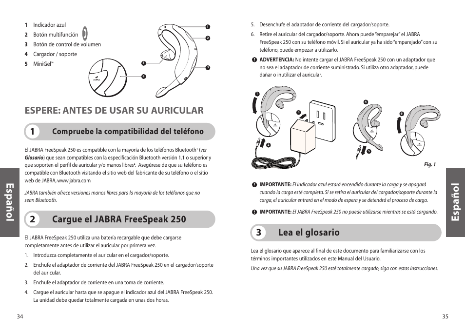 Español, 1espere: antes de usar su auricular, Cargue el jabra freespeak 250 2 | Lea el glosario 3, Compruebe la compatibilidad del teléfono | Jabra FreeSpeak 250 User Manual | Page 18 / 26