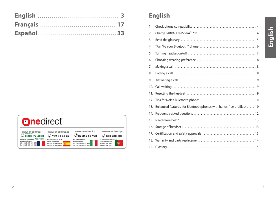 English, 3français, 17 español | En g li sh | Jabra FreeSpeak 250 User Manual | Page 2 / 26