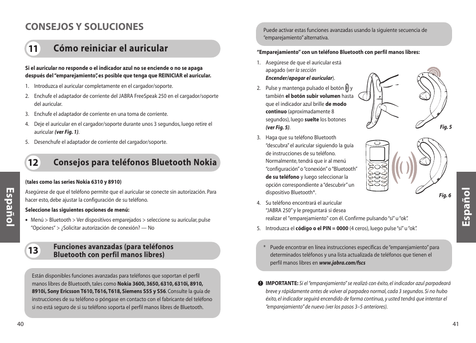 Español, Consejos para teléfonos bluetooth nokia | Jabra FreeSpeak 250 User Manual | Page 21 / 26