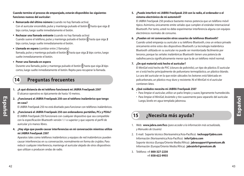 Español, Preguntas frecuentes 14, Necesita más ayuda? 15 | Jabra FreeSpeak 250 User Manual | Page 22 / 26