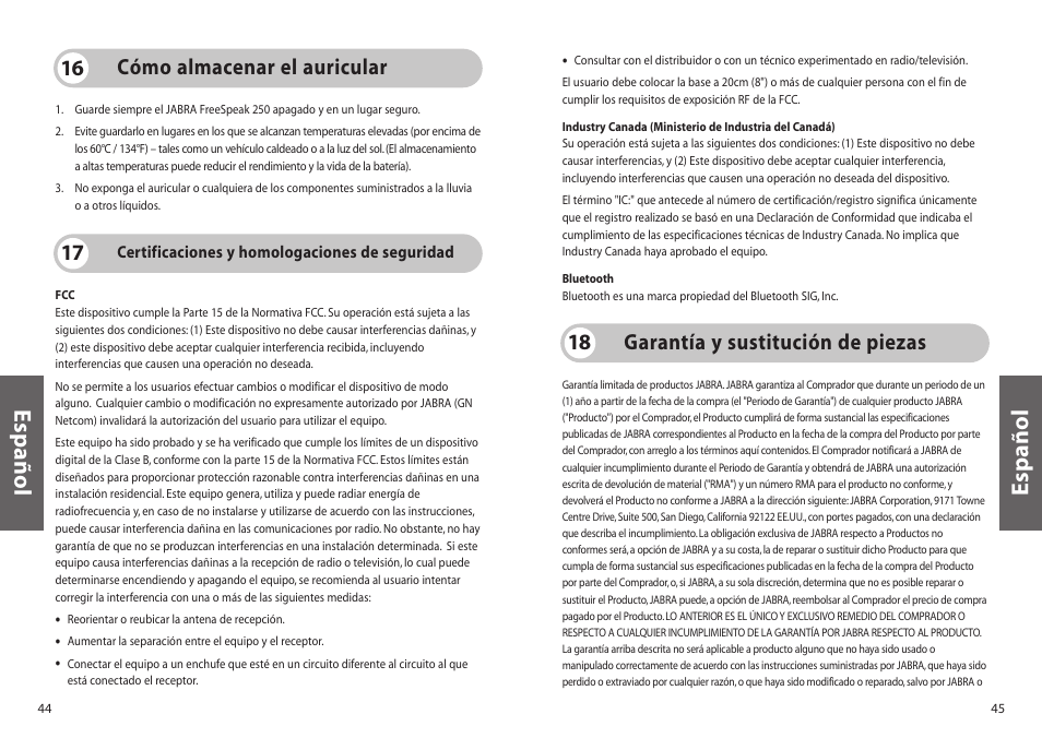 Español, Cómo almacenar el auricular 16, Garantía y sustitución de piezas 18 | Jabra FreeSpeak 250 User Manual | Page 23 / 26