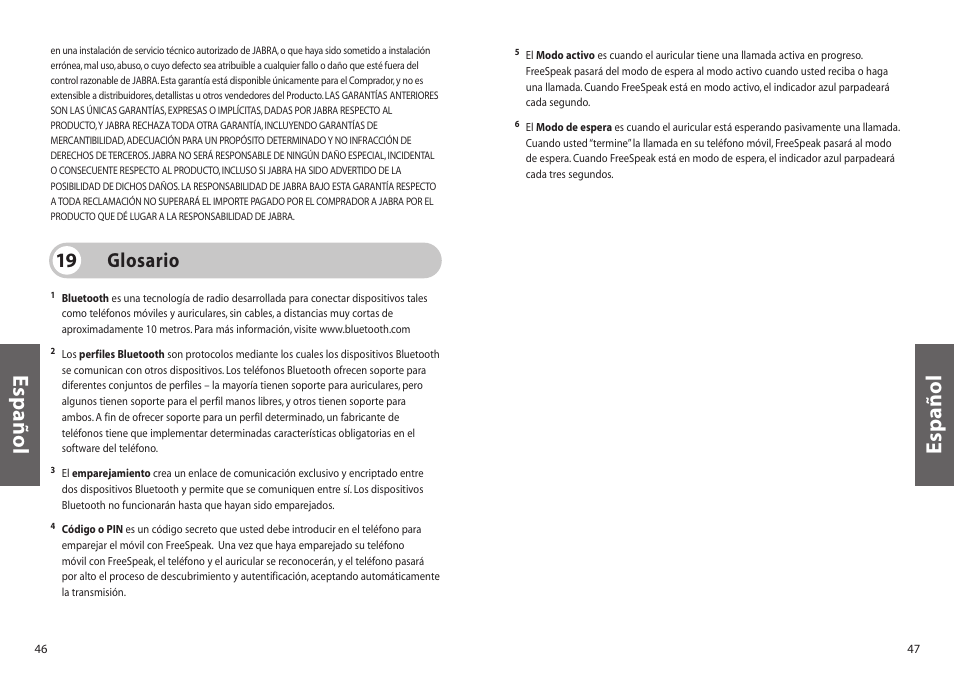 Español, Glosario 19 | Jabra FreeSpeak 250 User Manual | Page 24 / 26