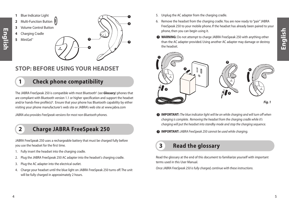 English, Charge jabra freespeak 250 2, Read the glossary 3 | Jabra FreeSpeak 250 User Manual | Page 3 / 26