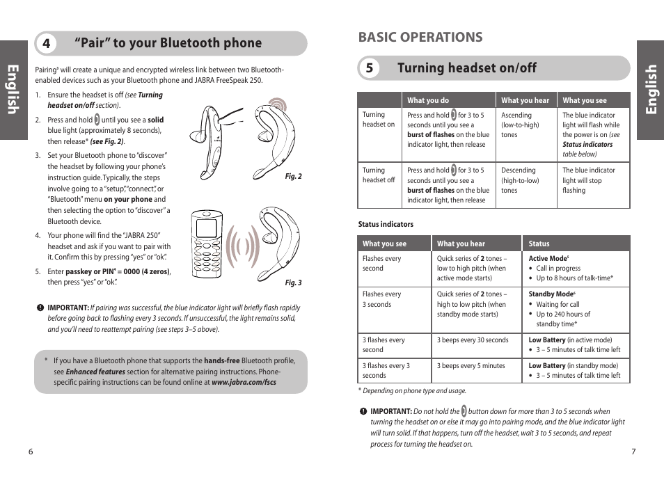 English, Turning headset on/off 5 basic operations, Pair” to your bluetooth phone 4 | Jabra FreeSpeak 250 User Manual | Page 4 / 26