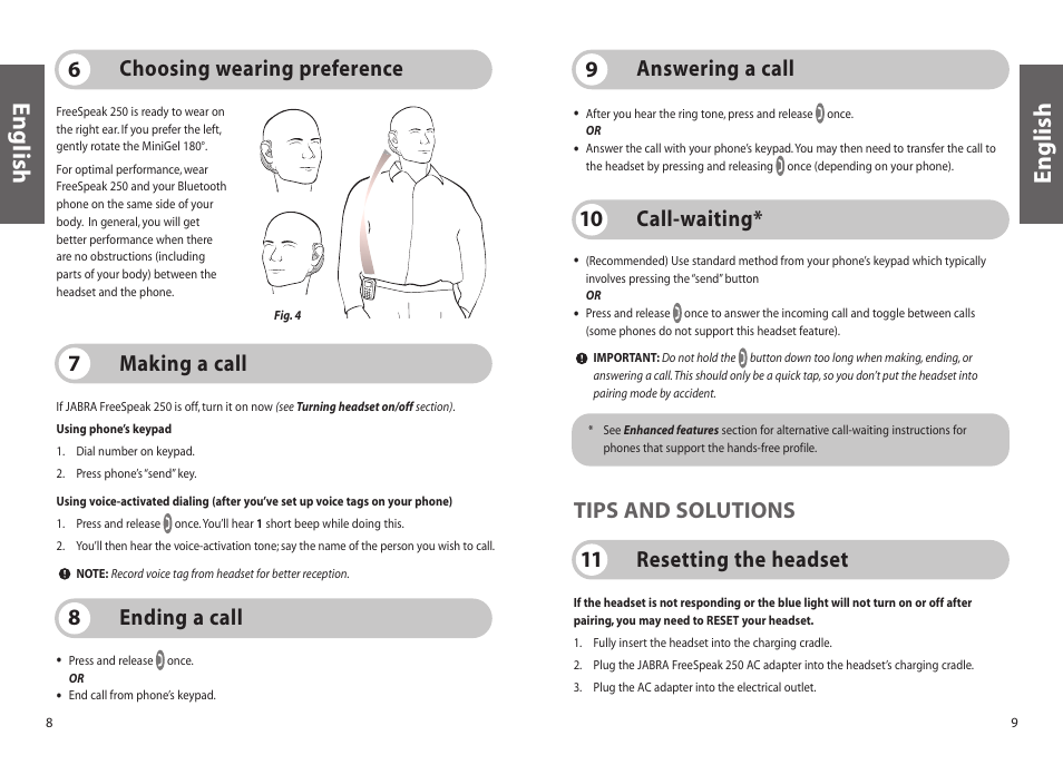 English, Ending a call 8 call-waiting* 10 making a call 7, Choosing wearing preference 6 | Answering a call 9, Resetting the headset 11 tips and solutions | Jabra FreeSpeak 250 User Manual | Page 5 / 26
