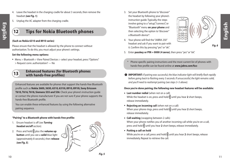 English, Tips for nokia bluetooth phones 12 | Jabra FreeSpeak 250 User Manual | Page 6 / 26