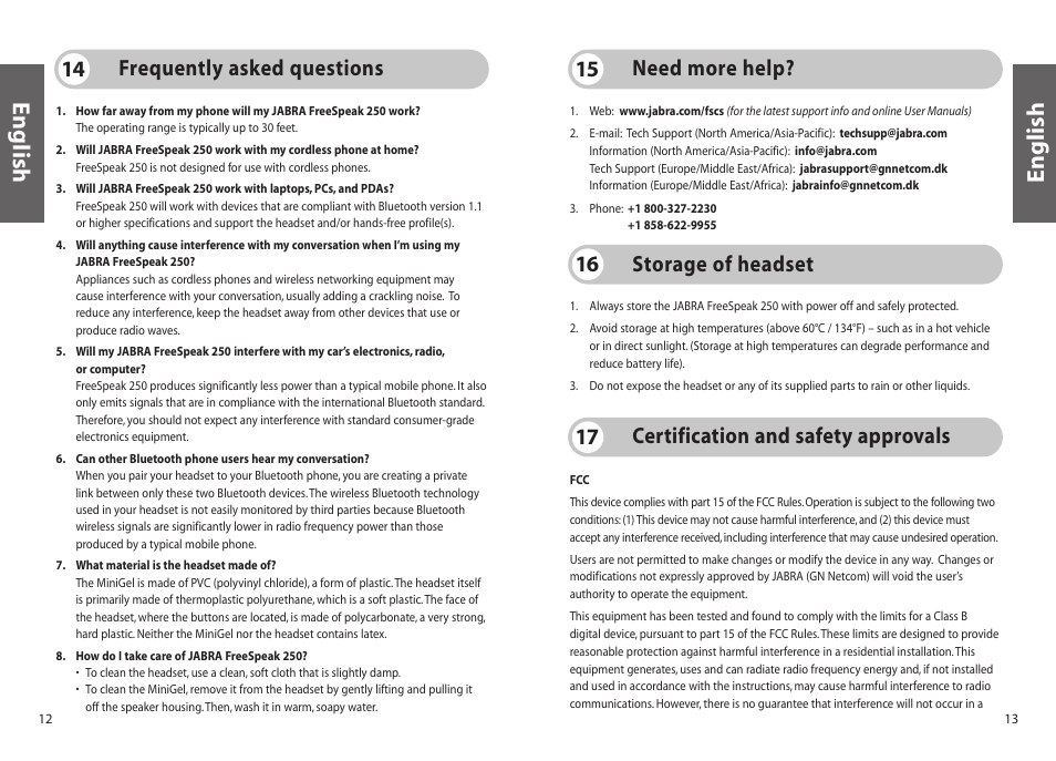 English, Frequently asked questions 14, Need more help? 15 | Storage of headset 16, Certification and safety approvals 17 | Jabra FreeSpeak 250 User Manual | Page 7 / 26