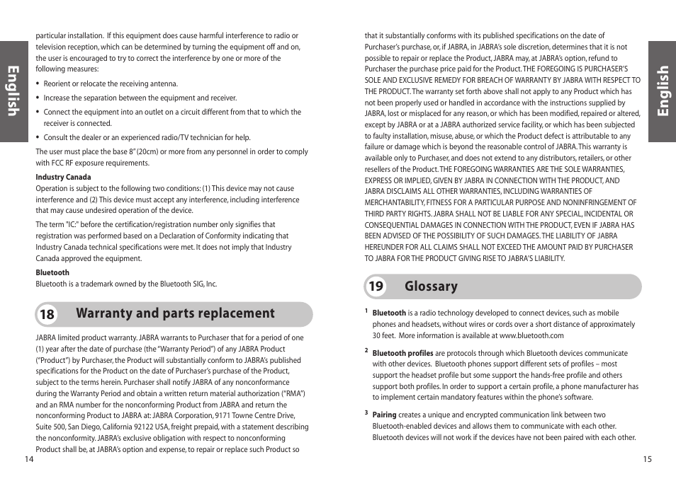 English, Warranty and parts replacement glossary 19 | Jabra FreeSpeak 250 User Manual | Page 8 / 26