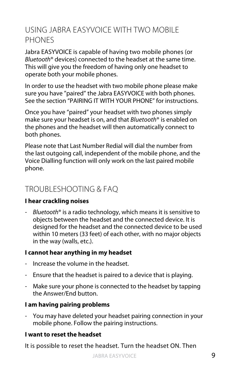 Troubleshooting & faq, English, Using jabra easyvoice with two mobile phones | Jabra Easyvoice OTE4 User Manual | Page 10 / 14